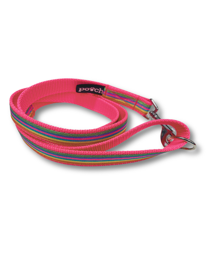 Pink Rainbow Dog Lead with durable fabric, stainless steel clip, and extra D-ring for convenience.