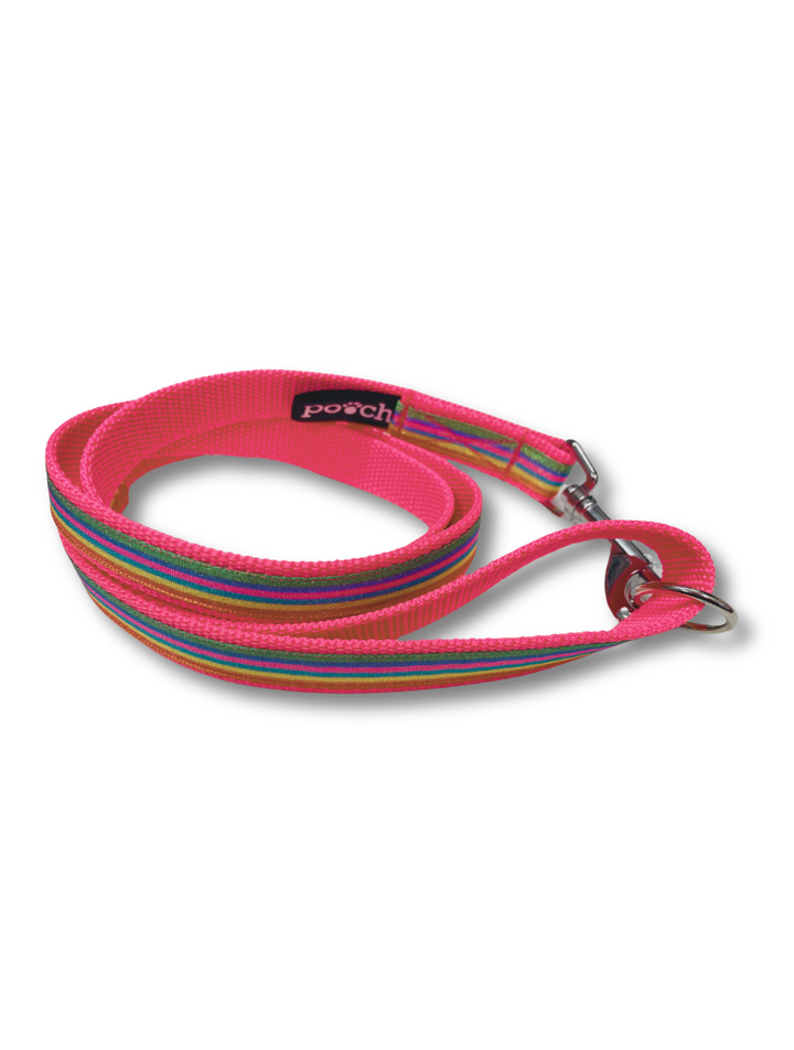 Pink Rainbow Dog Lead, stylish and durable, with stainless steel clip and extra D-ring for convenience.