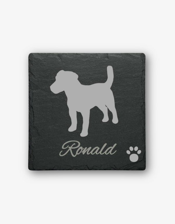 Jack Russell personalised slate coaster with engraved dog image and custom name Ronald, 10cm x 10cm.