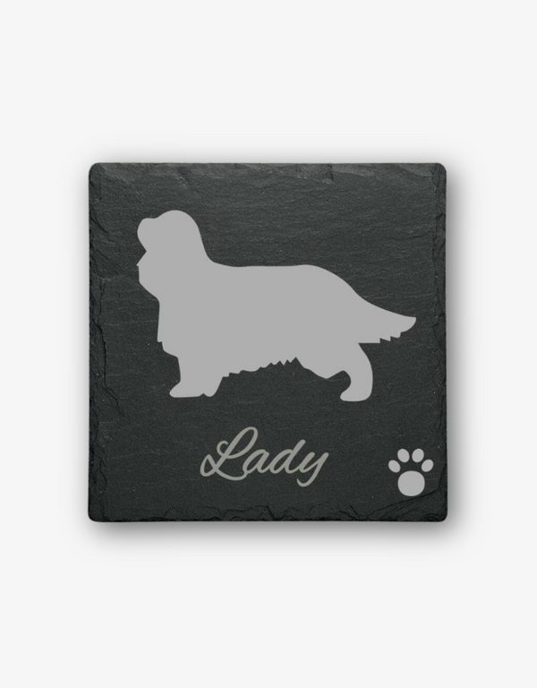 Personalised Cavalier King Charles Spaniel slate coaster with engraved dog silhouette and custom name.