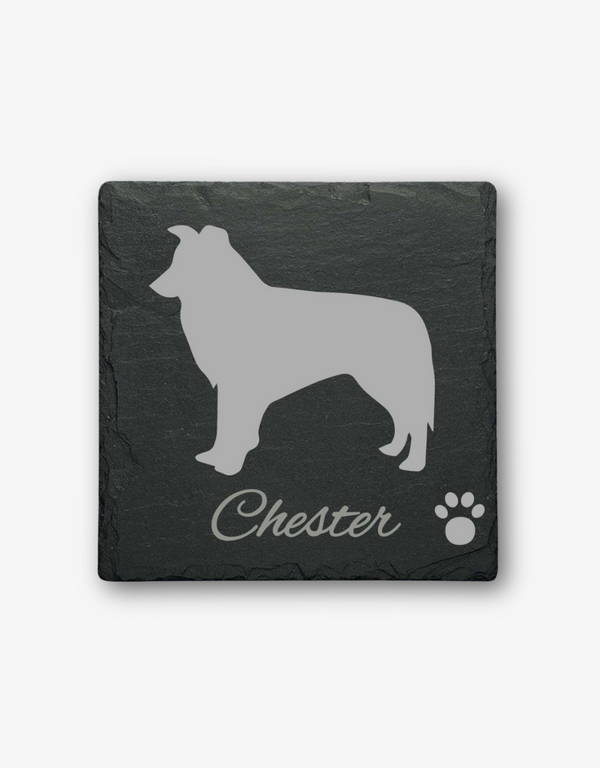 Border Collie personalised slate coaster with engraving and custom name.