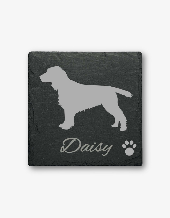 Cocker Spaniel personalised slate coaster with engraved dog silhouette and custom name.