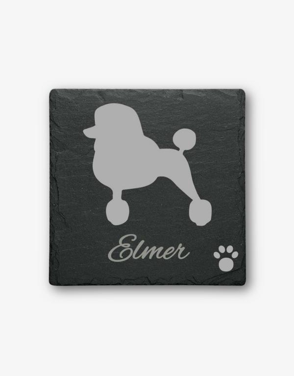 Poodle personalised slate coaster with etched design, custom name, and paw print embellishment.