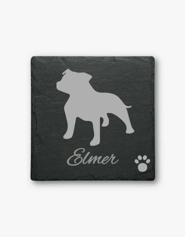 Staffordshire Bull Terrier engraved slate coaster with customizable name.