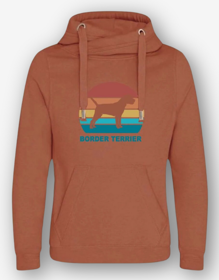 Sunset Border Terrier Hoodie with rainbow sunset and silhouette design, ginger biscuit color.