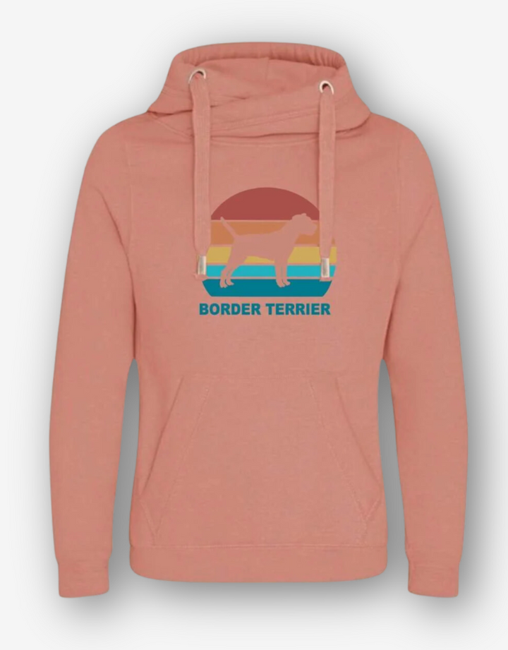 Sunset Border Terrier Hoodie with rainbow sunset and silhouette design in Dusty Pink.