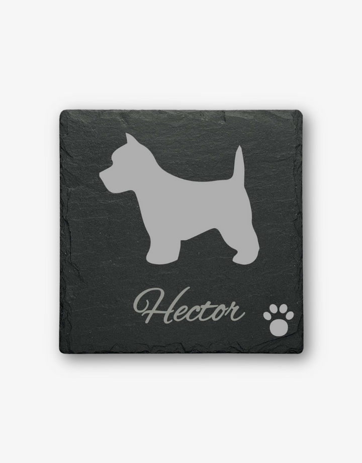 West Highland Terrier personalised slate coaster with engraved dog silhouette and custom name.